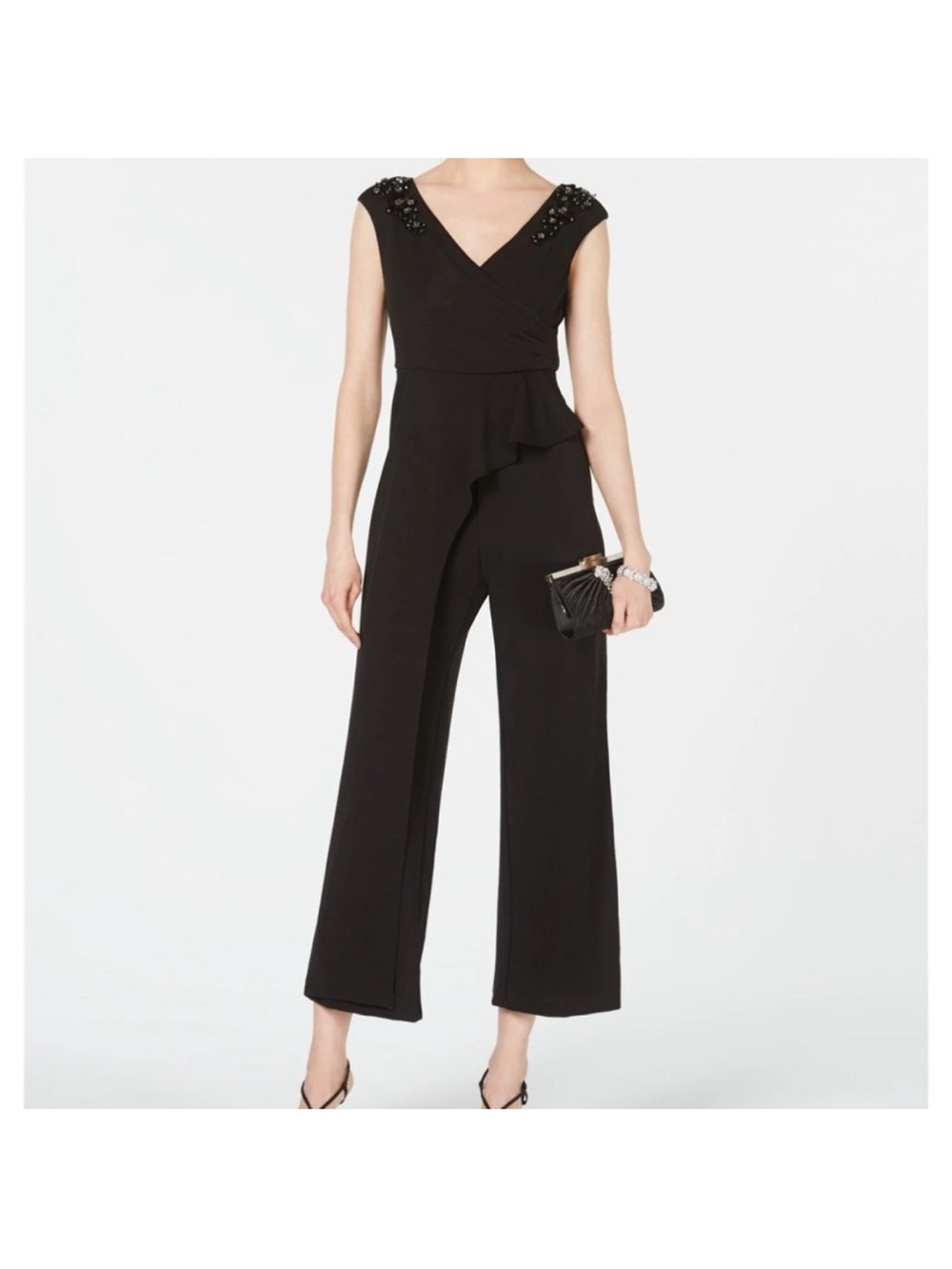 Adrianna Papell Sleeveless Cocktail Wide Leg Jumpsuit Floral Appliqué